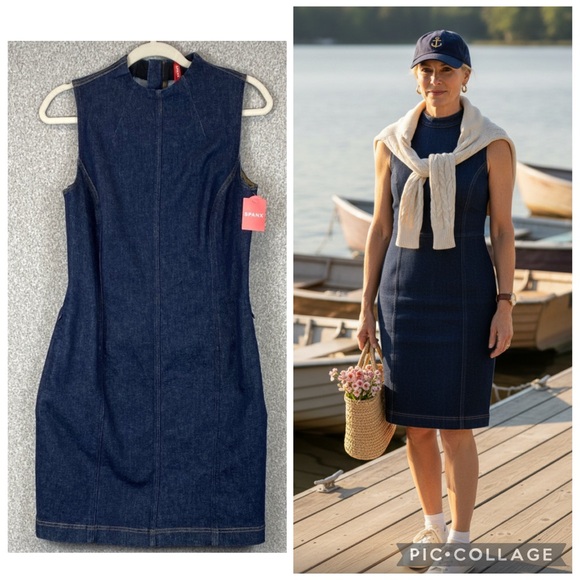 SPANX Dresses & Skirts - Spanx denim sheath dress mid length S dark wash stretchy nautical hourglass
